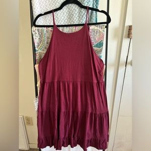 Maroon dress in size large, adjustable straps, tiered skirt, spaghetti strap